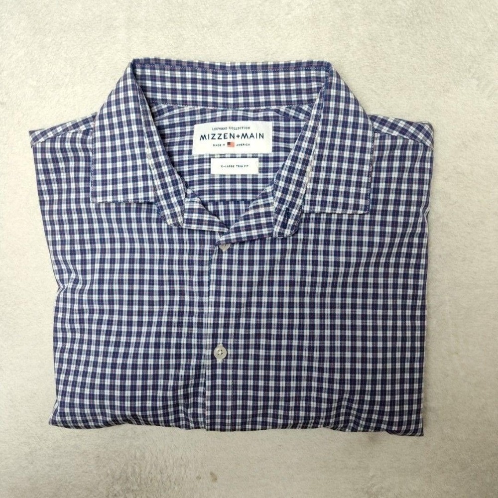 Mizzen+Main Shirt Mens XL Blue Gingham Plaid Trim Fit Slim Spread Non-Iron Work